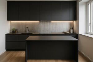 Contemporary kitchen with stainless steel backsplash and sleek matte cabinetry
