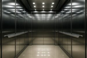 Elevator interior with reflective mirror stainless steel wall panels and ambient lighting